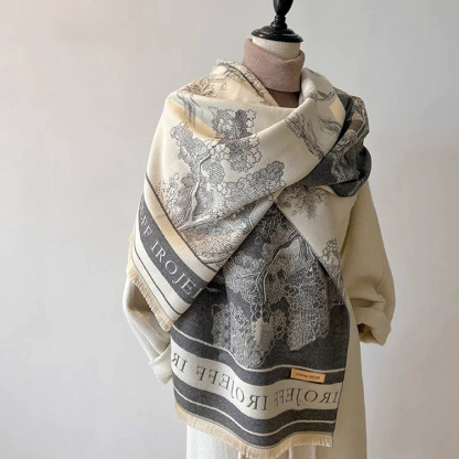 かわいい レトロ調 ボタニカル柄 カシミヤ100% 厚手 マフラー