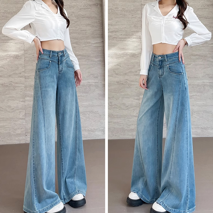 スリム見え 無地 カジュアル シンプル デニムワイドパンツ