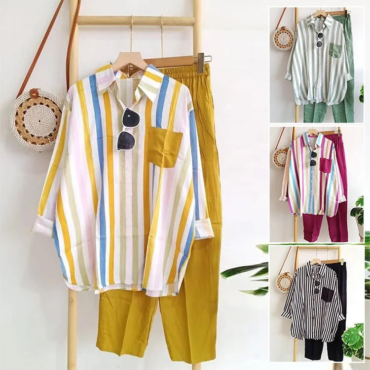レディース カジュアル ストライプ柄 長袖 シャツ 上下セット