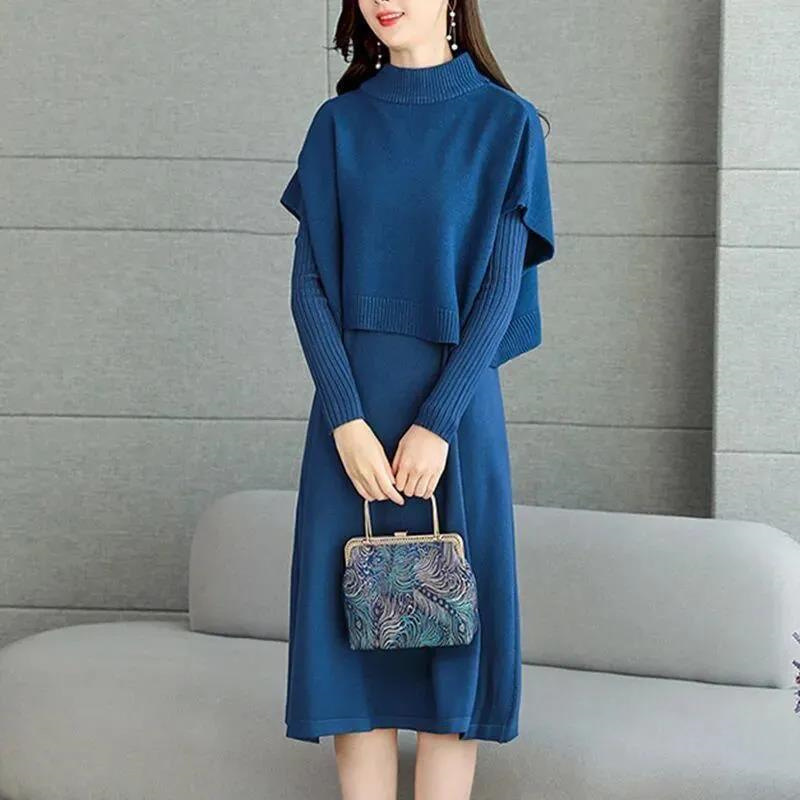 韓国スタイル 長袖 ニット 無地 ロング ワンピース
