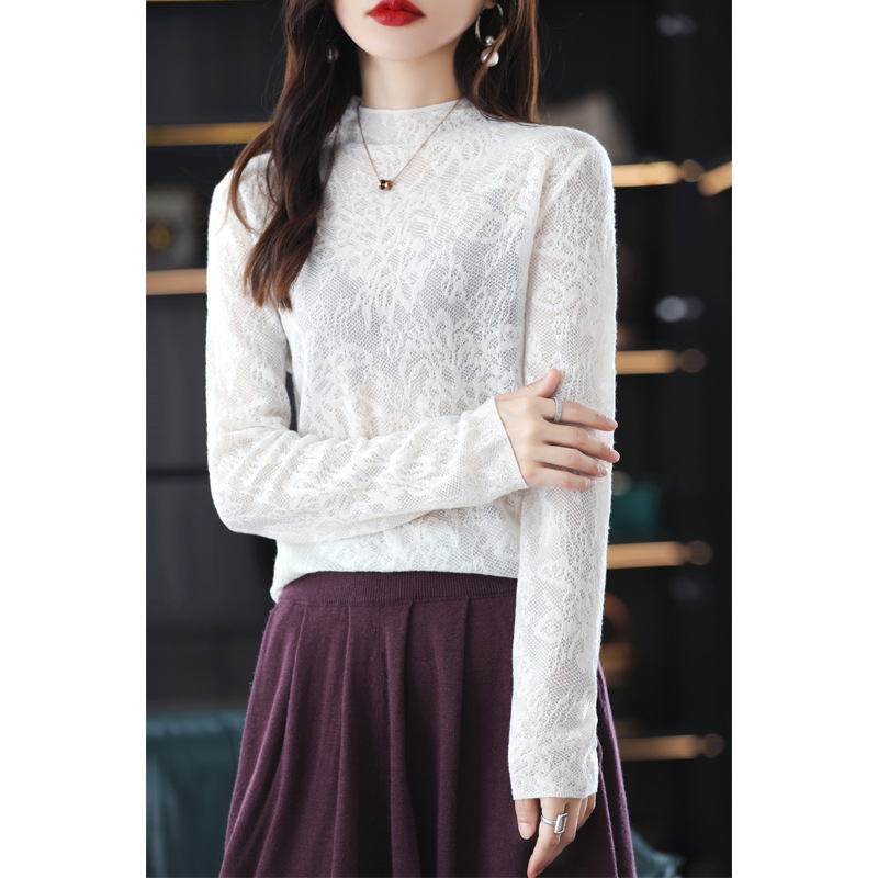 レディース ハイネック 長袖 レース ニット