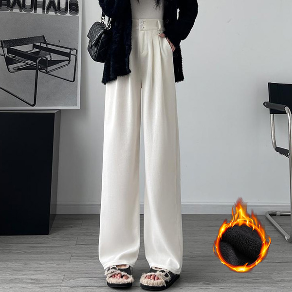 無地 秋冬 レディース 裏起毛 ワイドパンツ