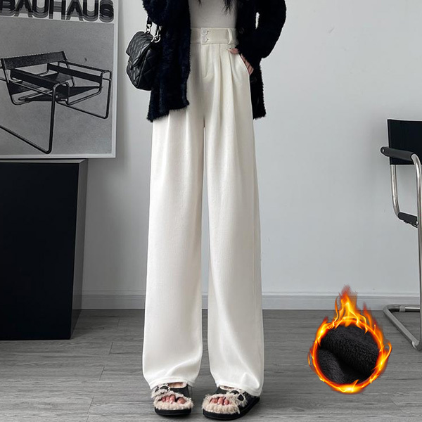 無地 秋冬 レディース 裏起毛 ワイドパンツ