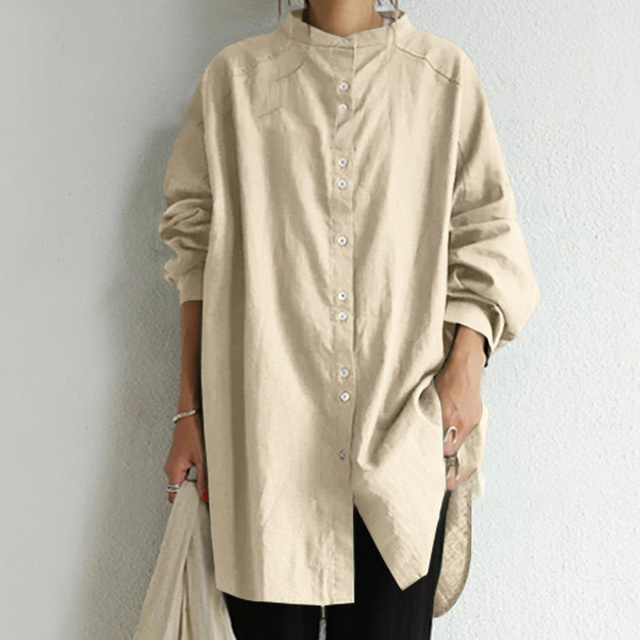 無地 カジュアル レディース 立襟 ロング丈 シャツ