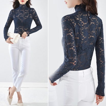 柔らかい シンプル フィット 裏起毛 レース トップス