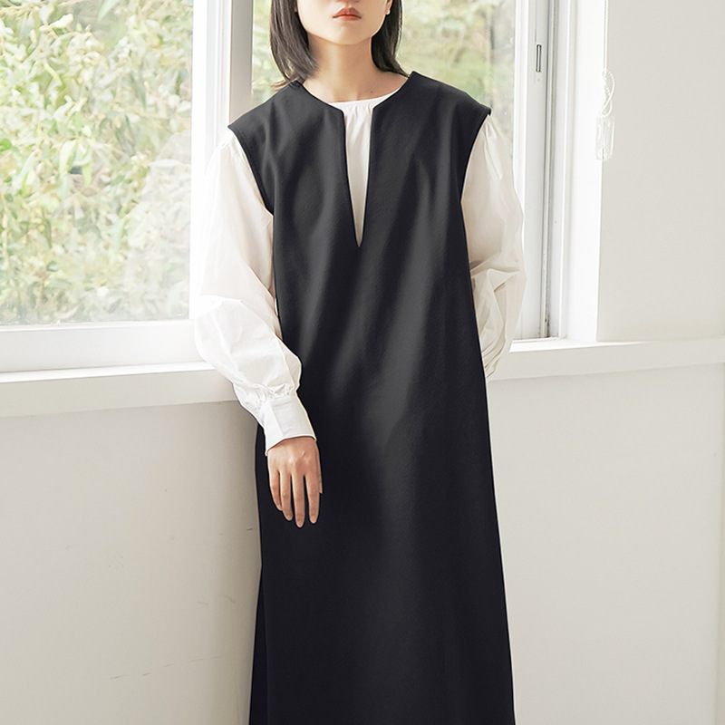 Vネック 袖なし ベスト式 無地 シンプル カジュアルワンピース