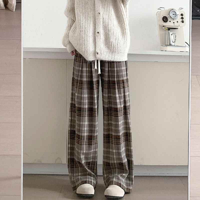 柔らかい 定番 チェック柄 裏起毛 ゴムウエスト ワイドパンツ
