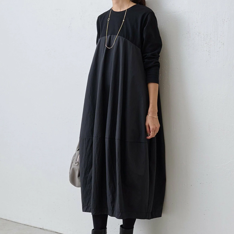 大きいサイズ 長袖 クルーネック 切り替え カジュアルワンピース
