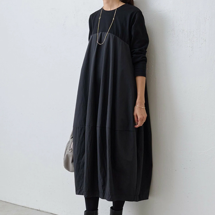 大きいサイズ 長袖 クルーネック 切り替え カジュアルワンピース