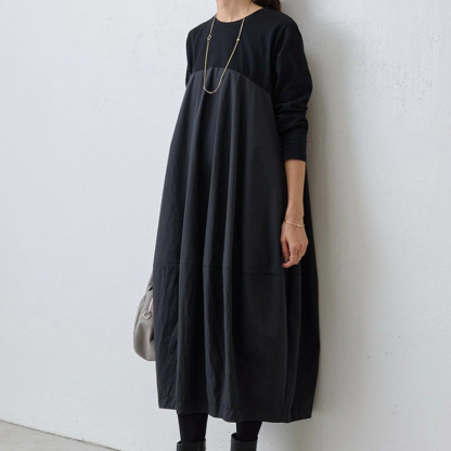 大きいサイズ 長袖 クルーネック 切り替え カジュアルワンピース
