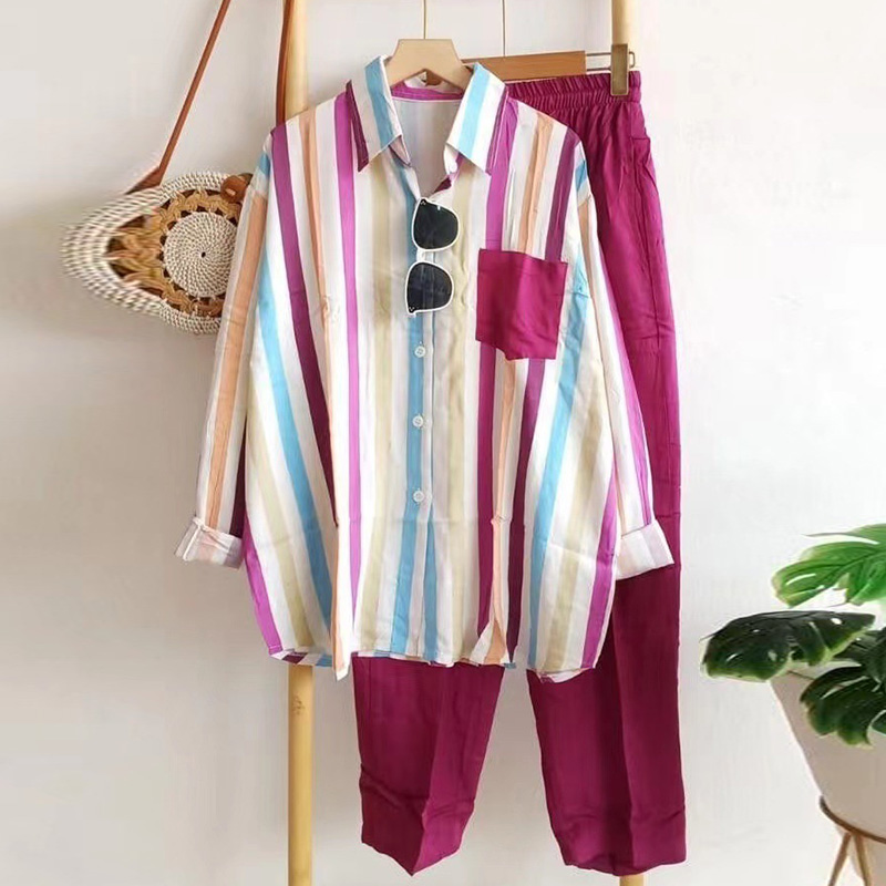 レディース カジュアル ストライプ柄 長袖 シャツ 上下セット