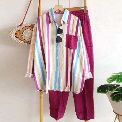 レディース カジュアル ストライプ柄 長袖 シャツ 上下セット