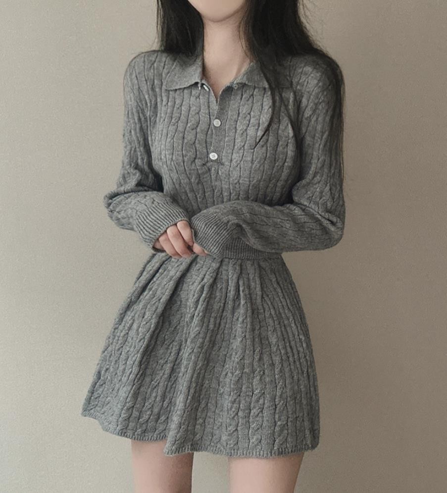 合わせやすい ボタン付き 襟付き ニット+無地 ミニスカート セットアップ