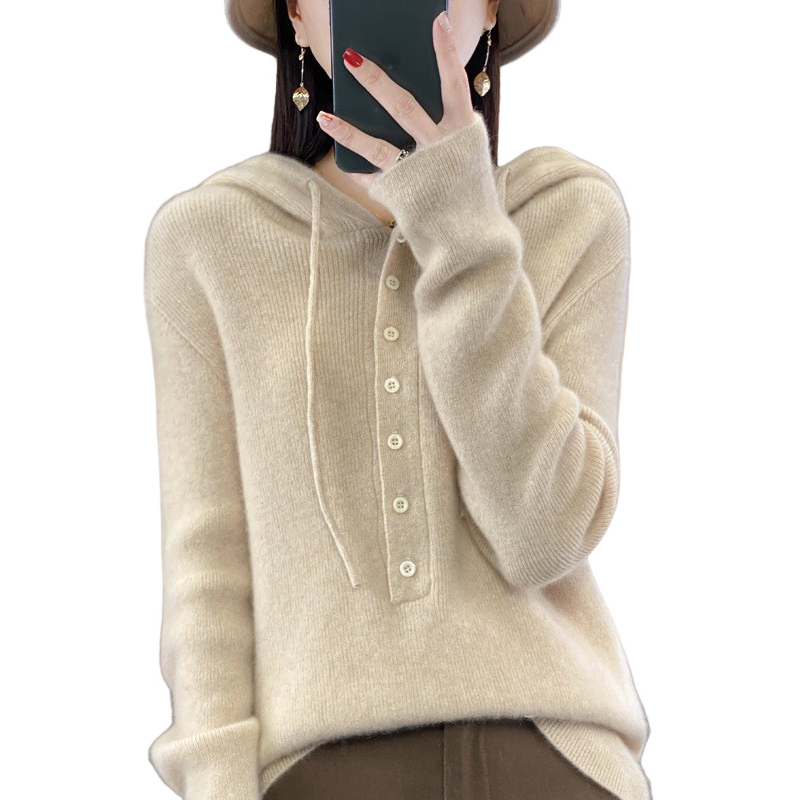 ゆったり フード付き 無地 プルオーバー ニット