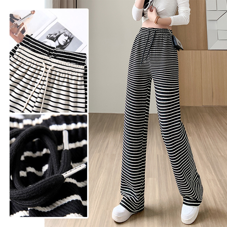 着心地良い ボーダー柄 ハイウエスト ワイドパンツ