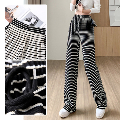 着心地良い ボーダー柄 ハイウエスト ワイドパンツ