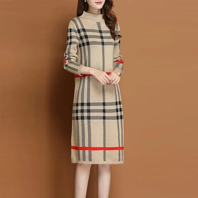 ニット ロング丈 チェック柄 ワンピース