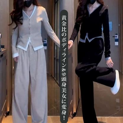 通気性よく柔軟肌に親しい カジュアル カーディガン+ワイドパンツ 2点セット