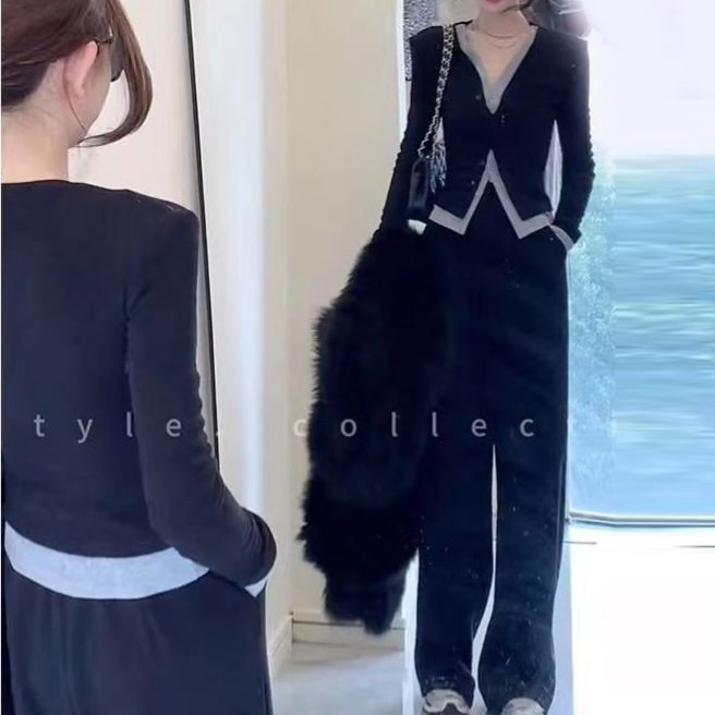 通気性よく柔軟肌に親しい カジュアル カーディガン+ワイドパンツ 2点セット