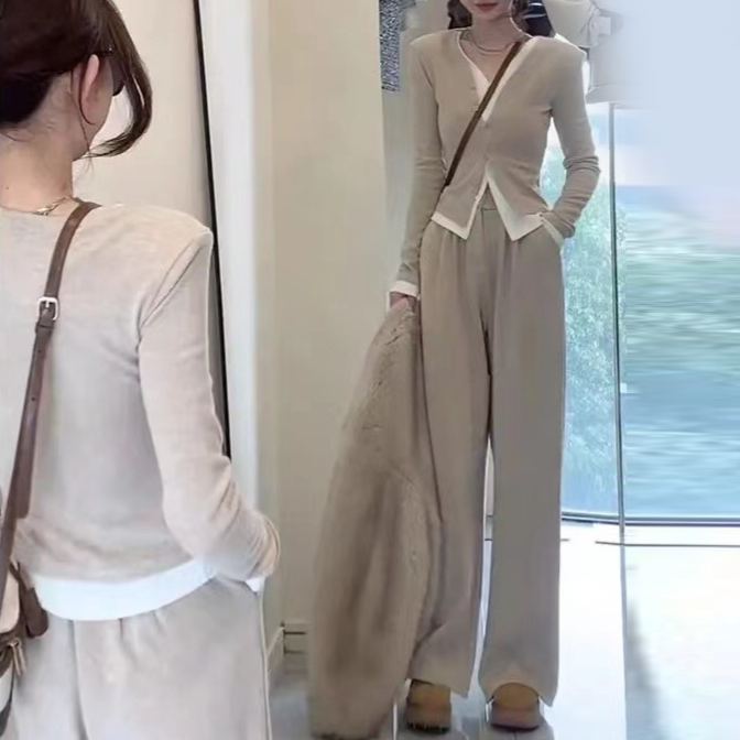 通気性よく柔軟肌に親しい カジュアル カーディガン+ワイドパンツ 2点セット