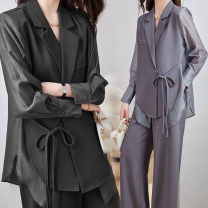 美人度アップ 無地 フォン ジャケット+ワイドパンツ 2点セット