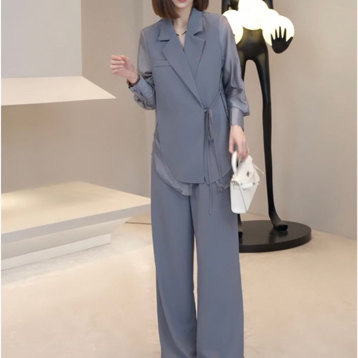 美人度アップ 無地 フォン ジャケット+ワイドパンツ 2点セット