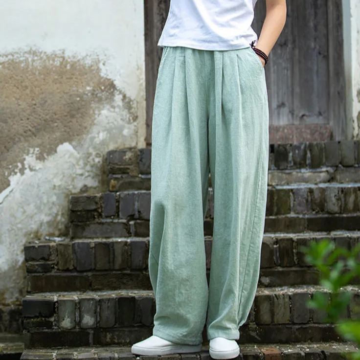 【全4色】レディース 無地 綿麻 ワイドパンツ