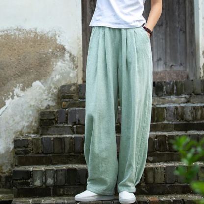 【全4色】レディース 無地 綿麻 ワイドパンツ