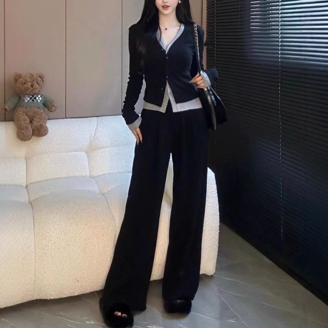 通気性よく柔軟肌に親しい カジュアル カーディガン+ワイドパンツ 2点セット