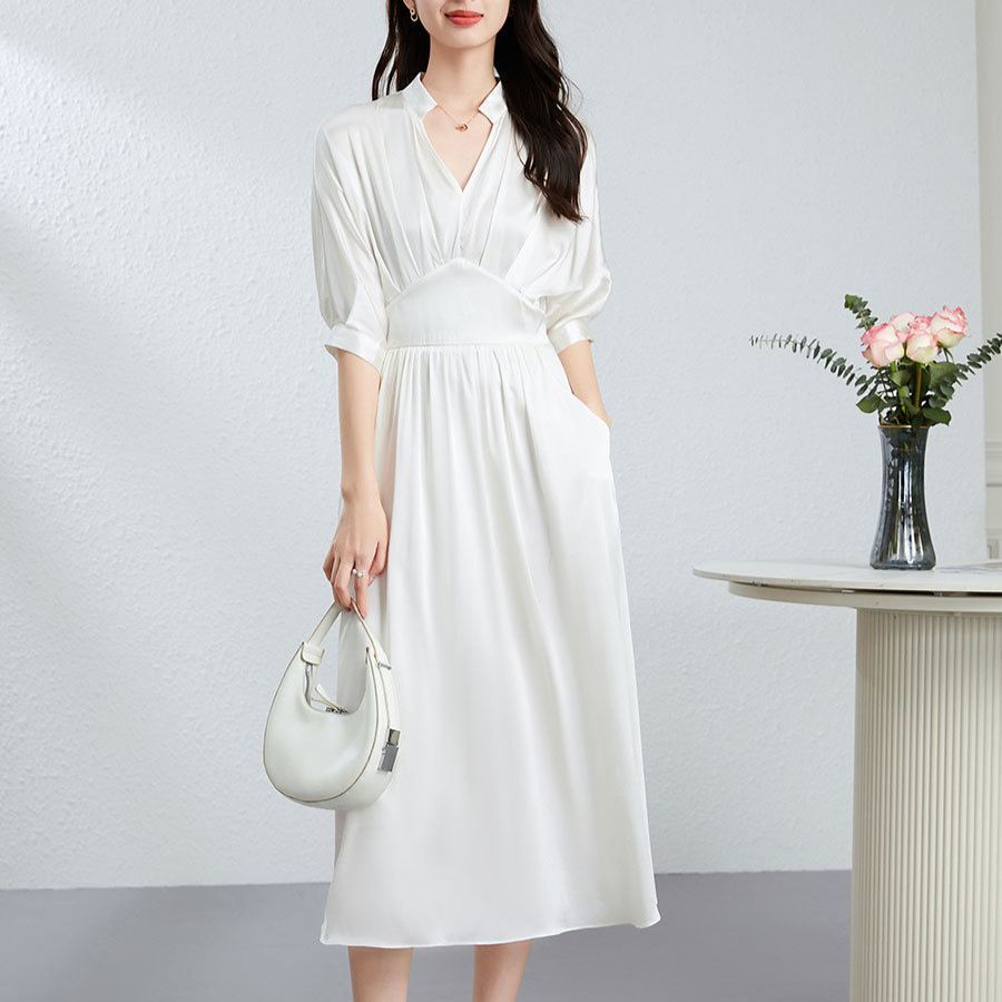 無地 Vネック カジュアル  ロング 五分袖 ワンピース