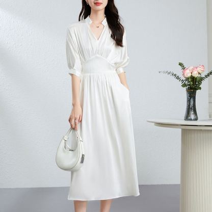 無地 Vネック カジュアル  ロング 五分袖 ワンピース