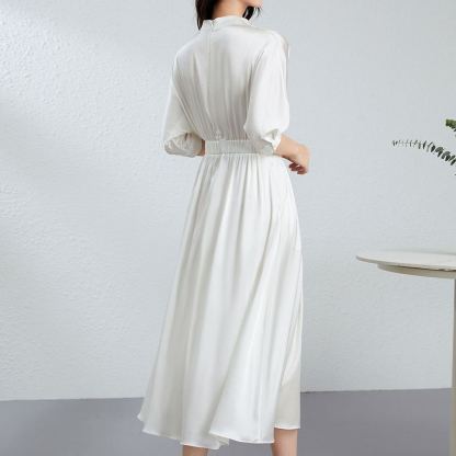 無地 Vネック カジュアル  ロング 五分袖 ワンピース