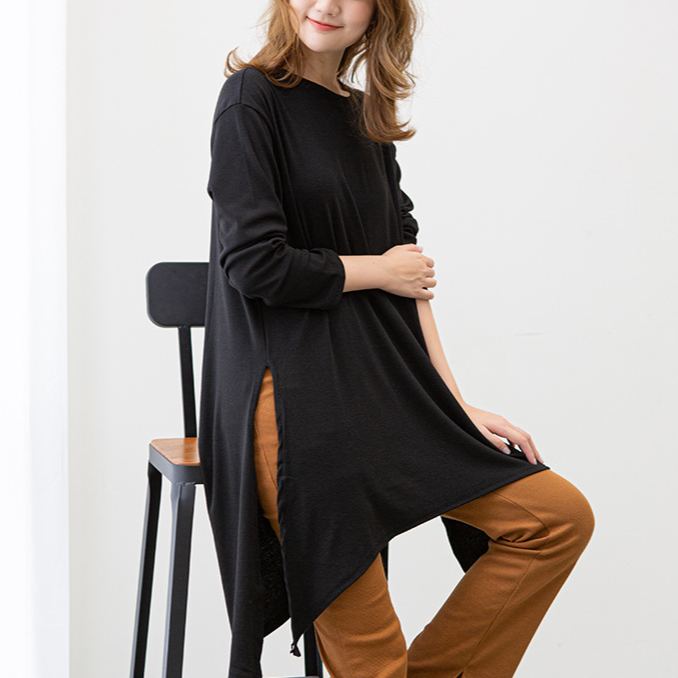 絶妙な 今っぽい ロング 無地 長袖 Tシャツ