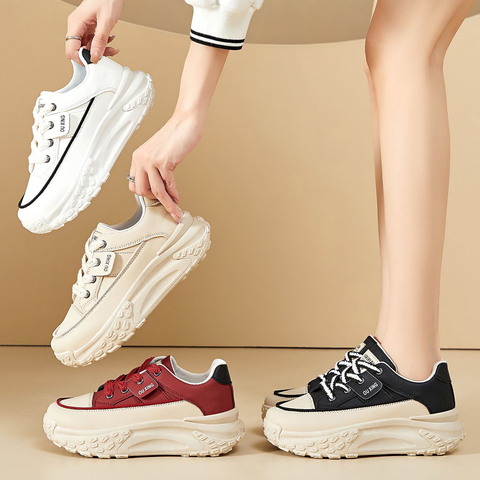 着回し力抜群 厚底 本革 配色 スニーカー