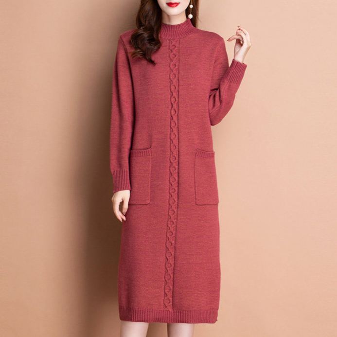 無地 カジュアル シンプル ミドル ロング丈 ニットワンピース