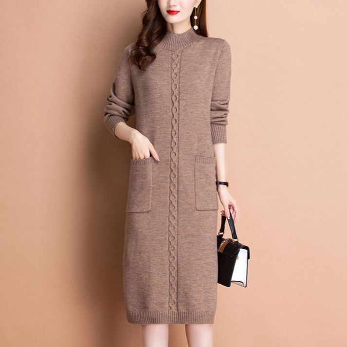 無地 カジュアル シンプル ミドル ロング丈 ニットワンピース