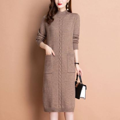 無地 カジュアル シンプル ミドル ロング丈 ニットワンピース
