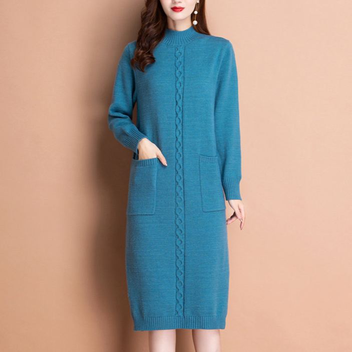 無地 カジュアル シンプル ミドル ロング丈 ニットワンピース