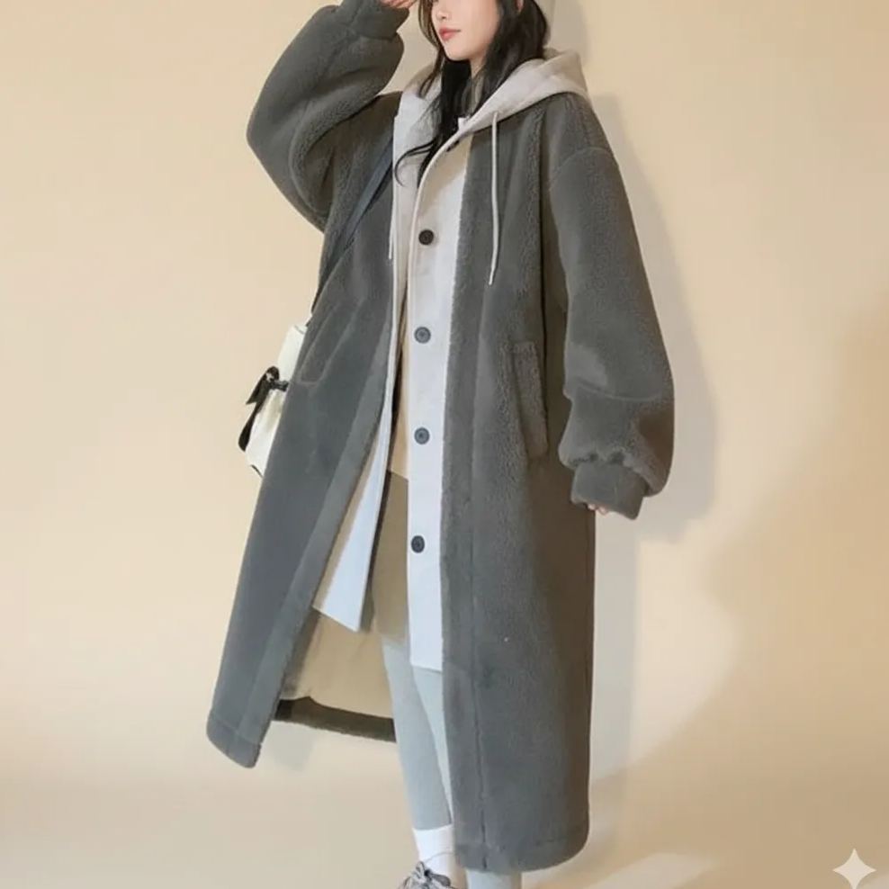 無地 シンプル ラムズウール製 フード付き コート