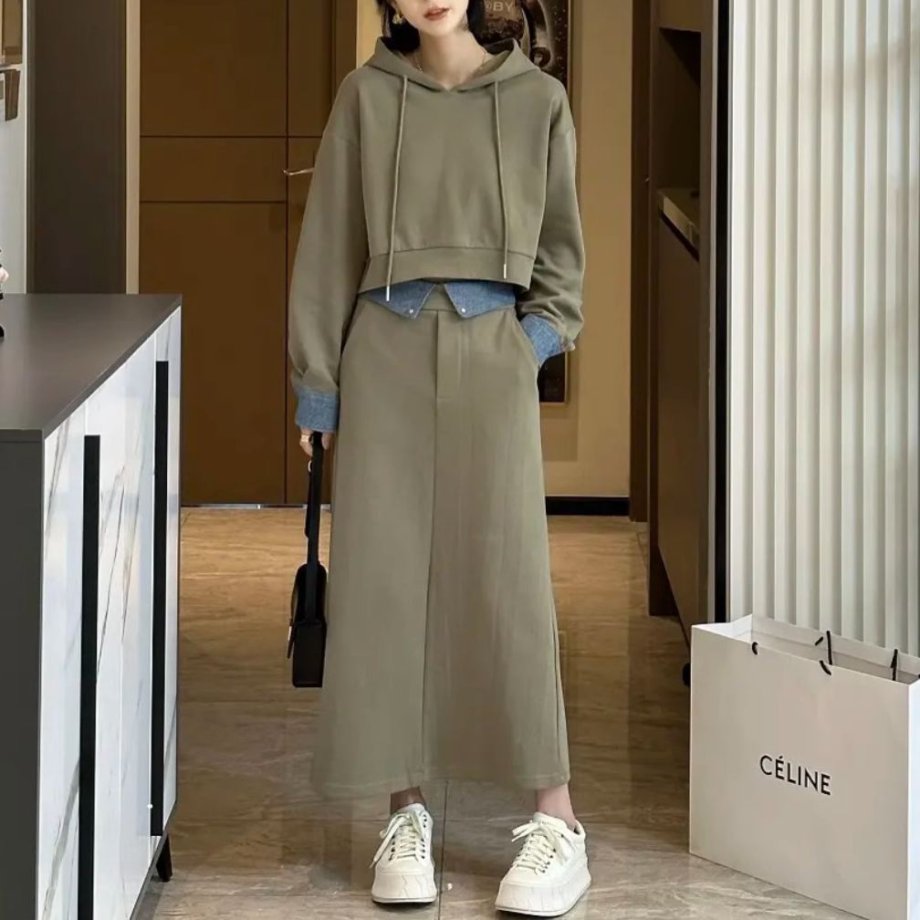 着替え簡単 フード付き パーカー+ロングス カート セットアップ