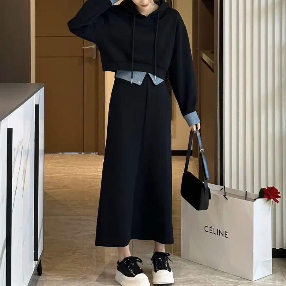 着替え簡単 フード付き パーカー+ロングス カート セットアップ