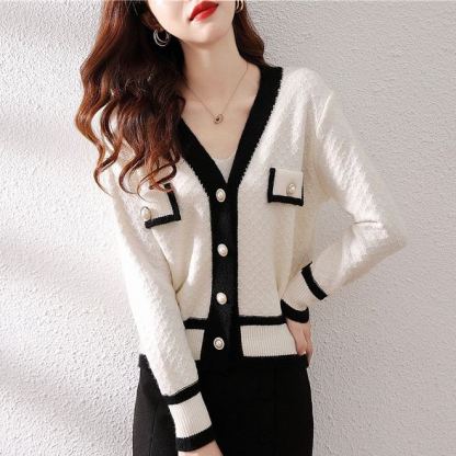 レディース ニット ボタン付き 配色 カーディガン