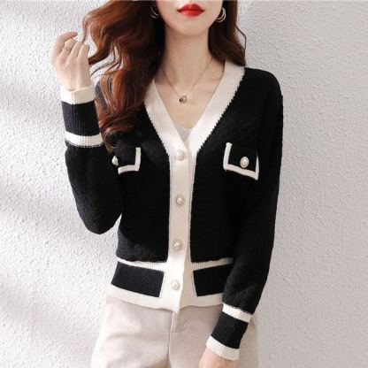レディース ニット ボタン付き 配色 カーディガン
