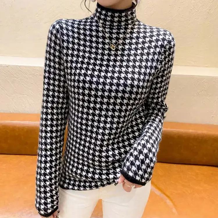 大人気 裏起毛 ハウンド トゥース柄 ハイネック ニット