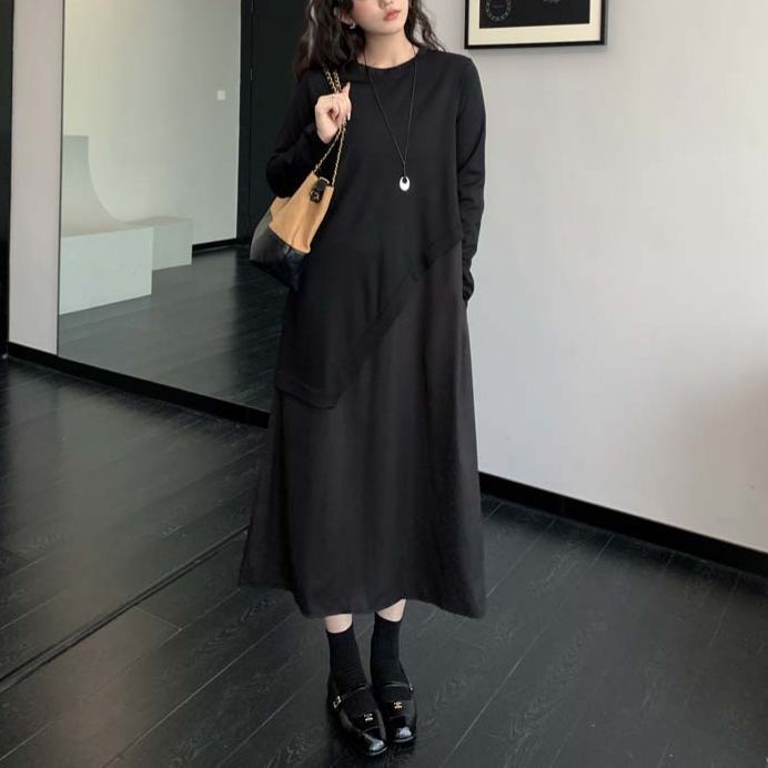 着痩せ ロング 無地 カジュアル シンプル ワンピース