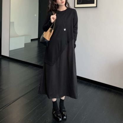 着痩せ ロング 無地 カジュアル シンプル ワンピース