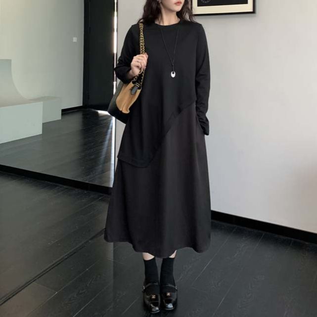 着痩せ ロング 無地 カジュアル シンプル ワンピース