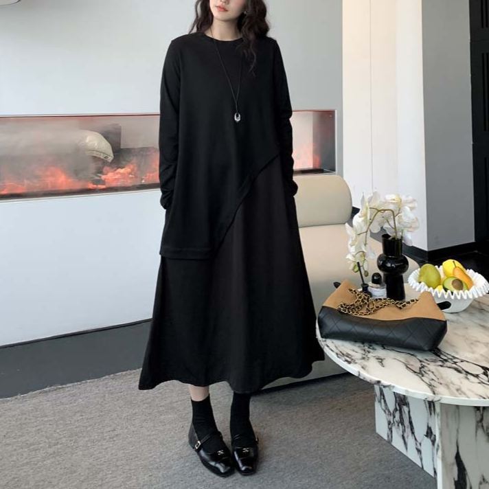 着痩せ ロング 無地 カジュアル シンプル ワンピース