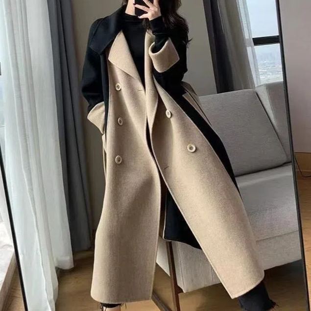 レディース ロング丈 配色 ウールコート