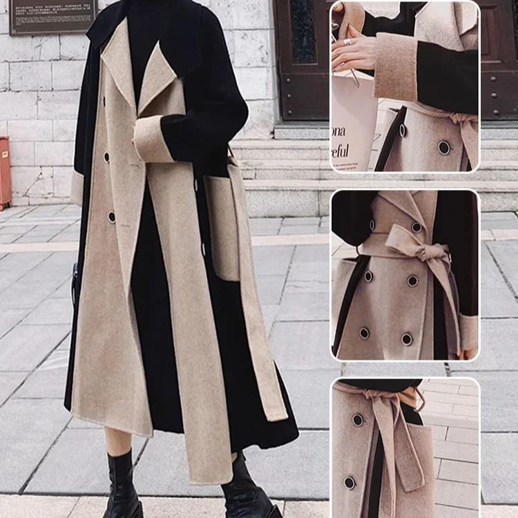 レディース ロング丈 配色 ウールコート